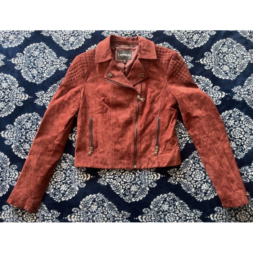 Express Burgundy Maroon Suede Moto Jacket Womens X-SMALL w/ Assymetrical Zip